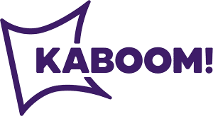 The image shows the word "KABOOM!" in bold purple letters with a stylized, angular outline suggesting an explosion or burst behind it.