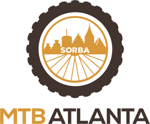 Logo for MTB Atlanta features a circular design with a city skyline and "SORBA" in the center, resembling bicycle tire spokes. The colors are gold and brown. "MTB Atlanta" is written below.
