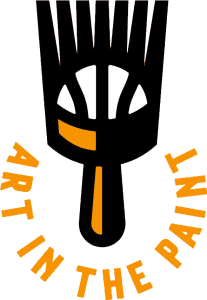 A black paintbrush icon over a two-toned background, with the bottom half in orange and the top half white. The brush contains a stylized basketball design.