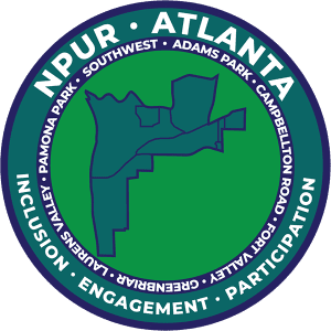 Circular NPUR Atlanta logo with a map outline and neighborhood names, plus inclusivity, engagement, participation.