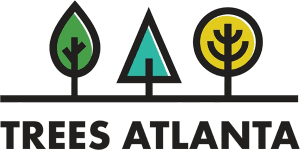 Logo of Trees Atlanta featuring three stylized tree icons: a green leaf, a teal triangle, and a yellow circle with branches, above the text "TREES ATLANTA" in bold black letters.