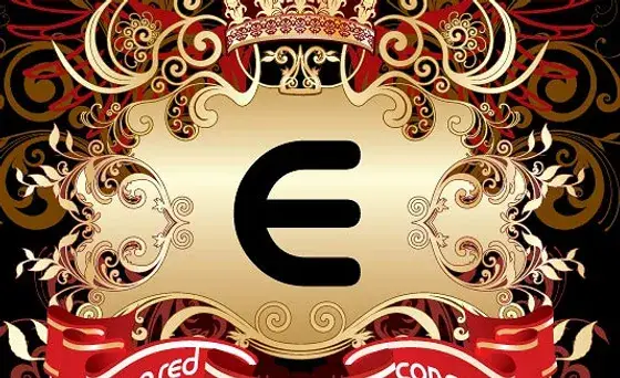 A bold black letter E centered on an ornate gold and red background with a crown and swirling patterns.