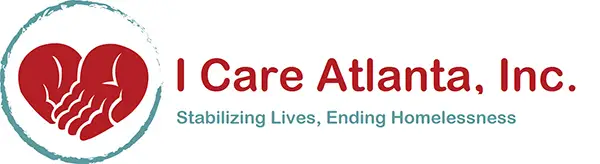 Logo with a heart and hands, text reads: I Care Atlanta, Inc. Stabilizing Lives, Ending Homelessness.