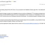 Email from Bernard Robinson at LIFE Church sharing a mural proposal and inviting feedback for Stone Logan Park.