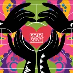 Four black hands hold a red heart labeled “SCAD SERVE” against a bright, colorful abstract background.