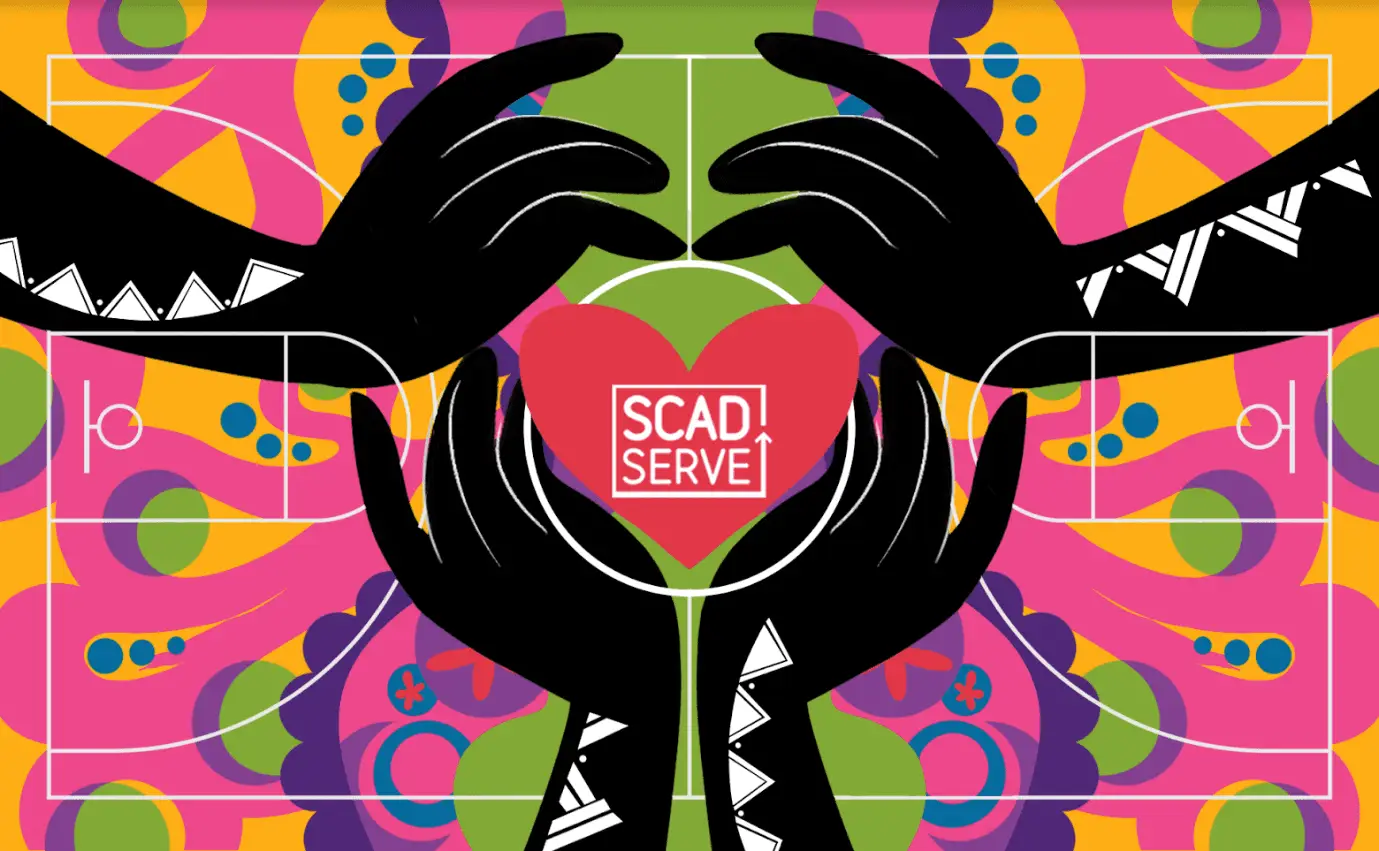 Four black hands hold a red heart labeled “SCAD SERVE” against a bright, colorful abstract background.