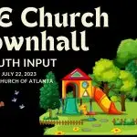 Illustration of a church youth townhall with a playground, trees, child playing, and mural donation.