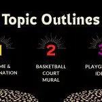 A black slide lists three topic outlines: Theme Explanation, Mural Donation, and Basketball Court Resurfacing Ideas.