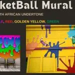 Colorful splat paint mural designs on walls and chairs, featuring basketball court concepts and creative mural donation ideas.