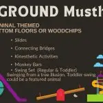 Playground musts list with animal themes, slides, swings, mural donation ideas, and play equipment illustrations.