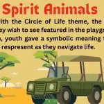A green safari vehicle in a savanna with text about youth choosing spirit animals for a mural donation playground theme.