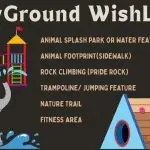 Playground wishlist with illustrated splash park, mural donation, climbing wall, and features on a dark background.