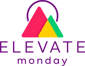 Two colorful overlapping triangles under a partial circle, with ELEVATE monday written below in purple text.