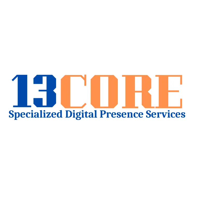 Logo with text: 13CORE Web Developer Digital Presence Services in blue and orange on a white background.