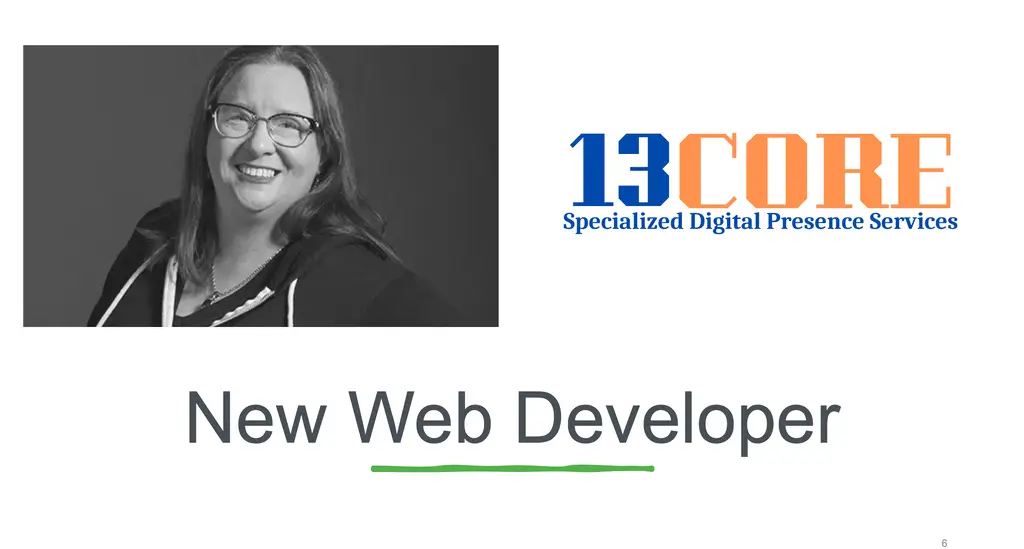 Smiling woman, 13CORE logo, and text New Web Developer with Digital Presence Services on a white background.