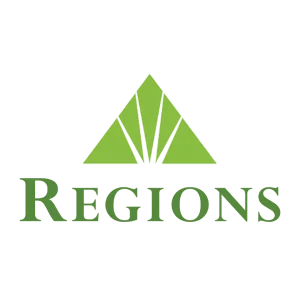 Green triangle logo with stylized lines above the word REGIONS in green, featuring the YCAM Mentorship Program, on transparent background.