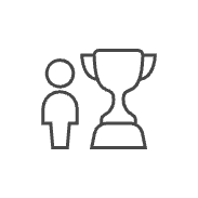 Simple line drawing of a person beside a large trophy, celebrating the YCAM Mentorship Program on a black background.
