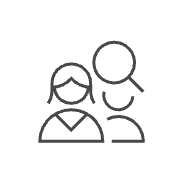 Line drawing of two people with a magnifying glass above them, representing the YCAM Mentorship Program on a black background.