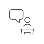 Simple line drawing of a person at a desk, with a speech bubble showing Mentorship Program guidance.