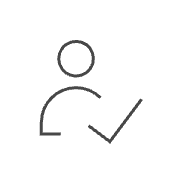 Simple icon of a person with a large check mark, symbolizing mentorship, drawn with black lines on white.