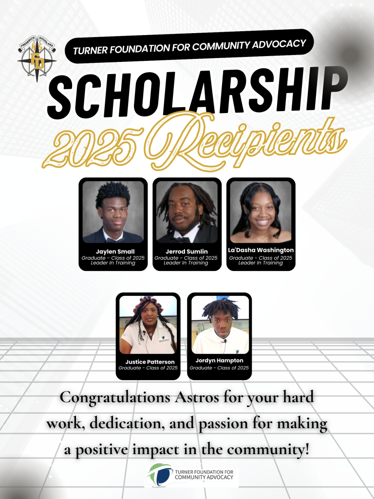 Five scholarship recipients’ portraits, names, graduation years, YCAM Mentorship Program mention, and Turner Foundation logo.
