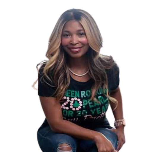 Smiling woman with long blonde hair in a black T-shirt and ripped jeans, ready to amplify your Podcast Page.